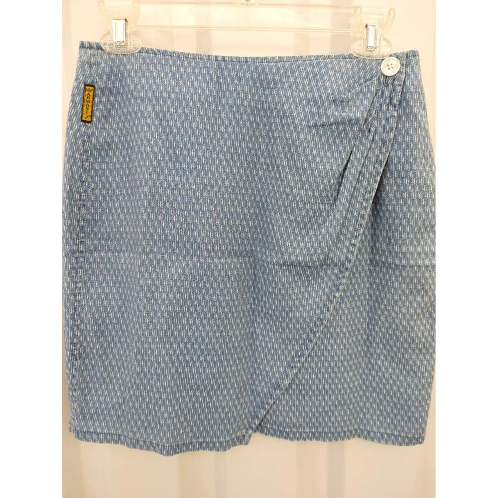 Vintage 90's Armani Mini Skirt Gathering 100% Linen Blue White Sz 8